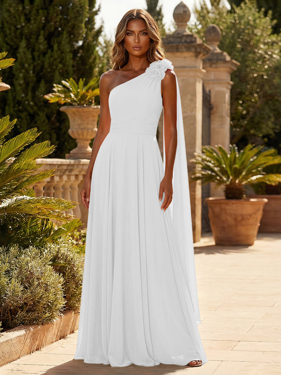 A-Line Chiffon One Shoulder Draped Cape Sleeves Floor-Length Mother of the Bride & Groom Dresses