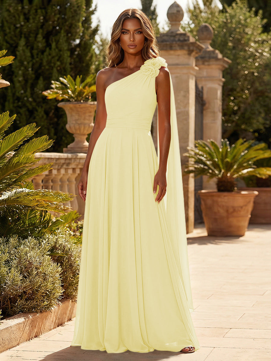A-Line Chiffon One Shoulder Draped Cape Sleeves Floor-Length Mother of the Bride & Groom Dresses