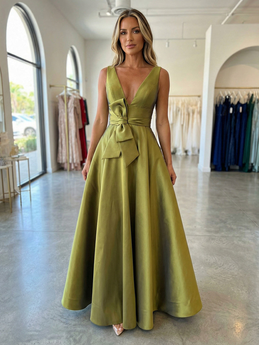 A-Line Satin Floor-Length Deep V-Neck Mother of the Bride & Groom Dresses with Belt