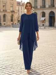3-Piece Chiffon 3/4 Sleeves Round Neck Mother of the Bride & Groom Pant Suit