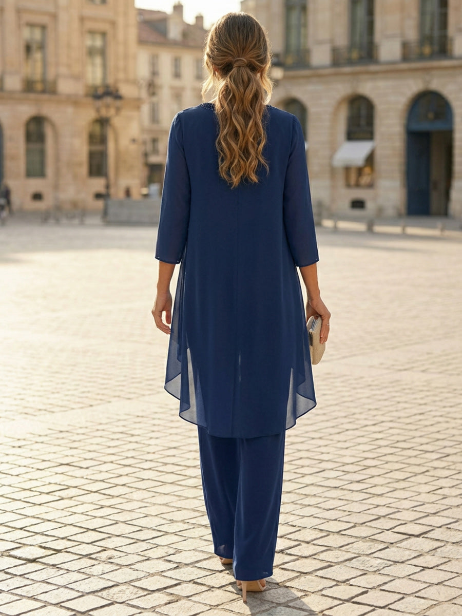 3-Piece Chiffon 3/4 Sleeves Round Neck Mother of the Bride & Groom Pant Suit