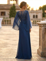A-Line Chiffon Cape Sleeves Floor-Length Mother of the Bride & Groom Dresses with Rhinestones & Ruched Waist