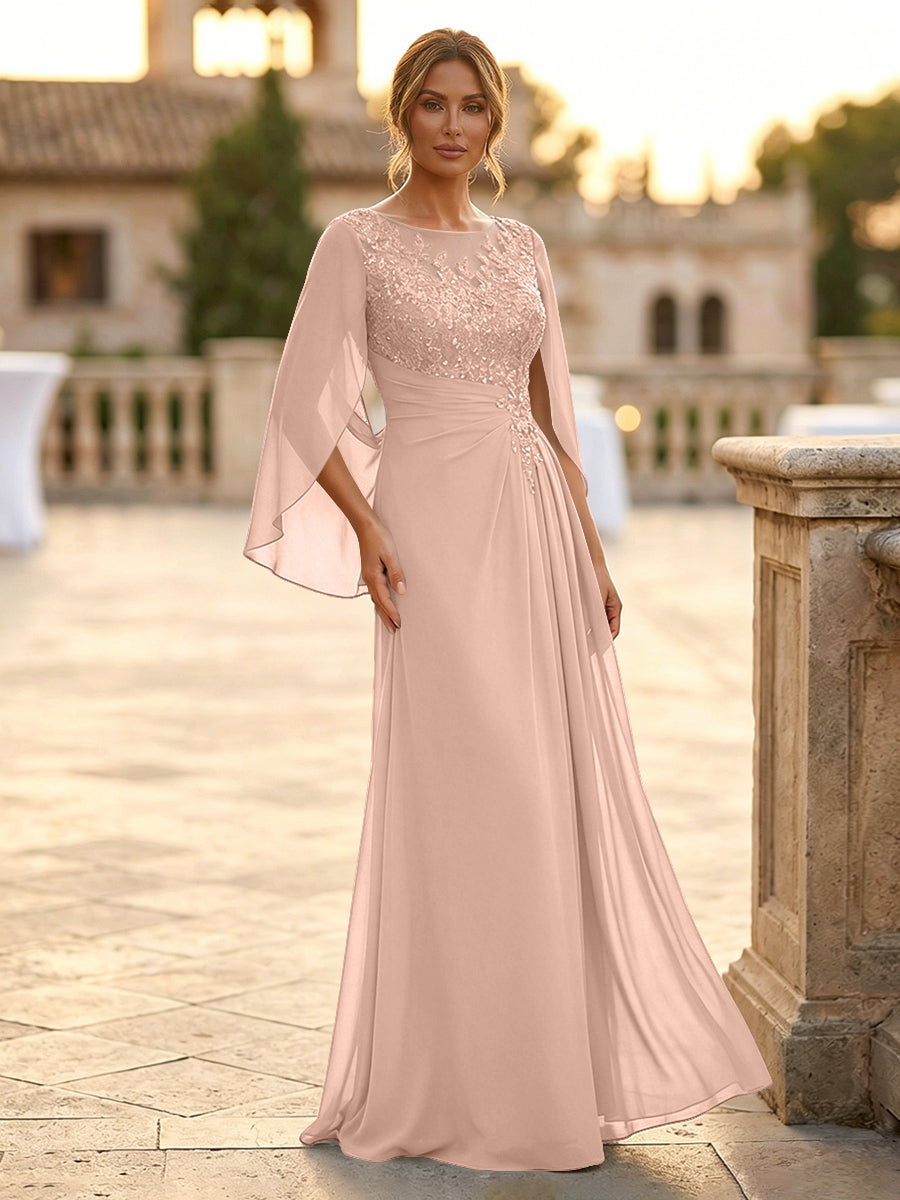 A-Line Chiffon Cape Sleeves Floor-Length Mother of the Bride & Groom Dresses with Rhinestones & Ruched Waist