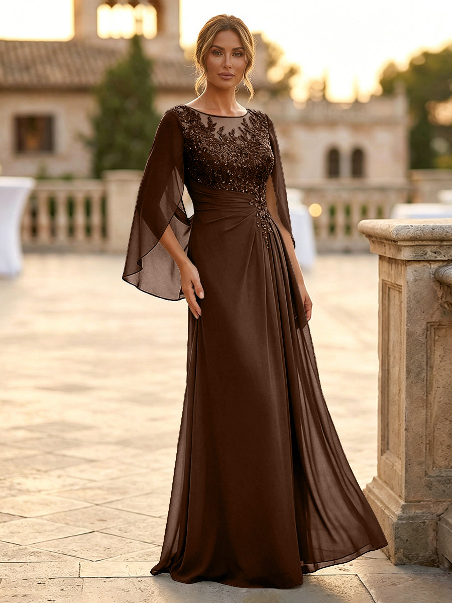 A-Line Chiffon Cape Sleeves Floor-Length Mother of the Bride & Groom Dresses with Rhinestones & Ruched Waist