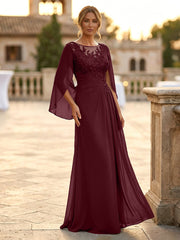 A-Line Chiffon Cape Sleeves Floor-Length Mother of the Bride & Groom Dresses with Rhinestones & Ruched Waist