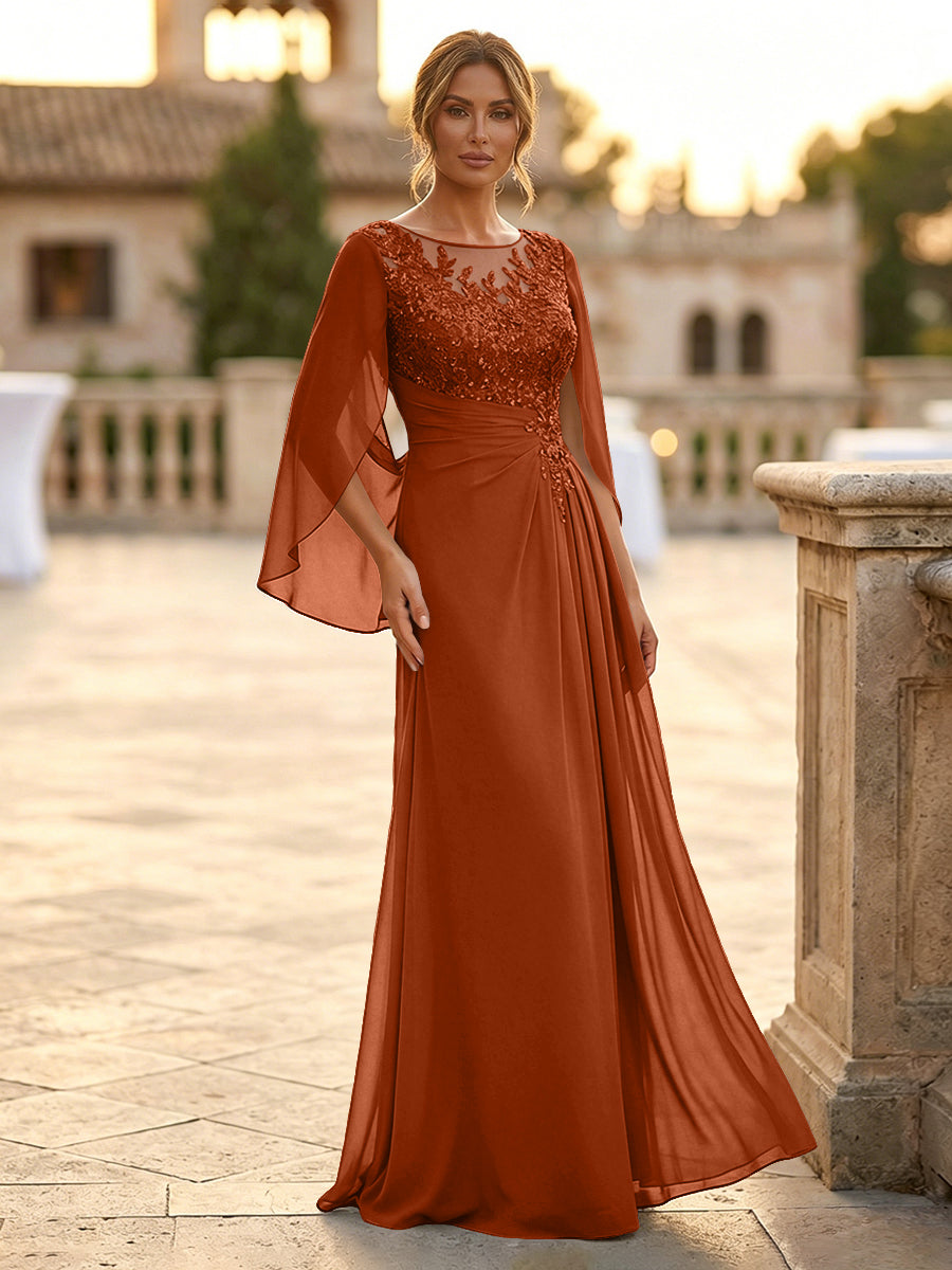A-Line Chiffon Cape Sleeves Floor-Length Mother of the Bride & Groom Dresses with Rhinestones & Ruched Waist