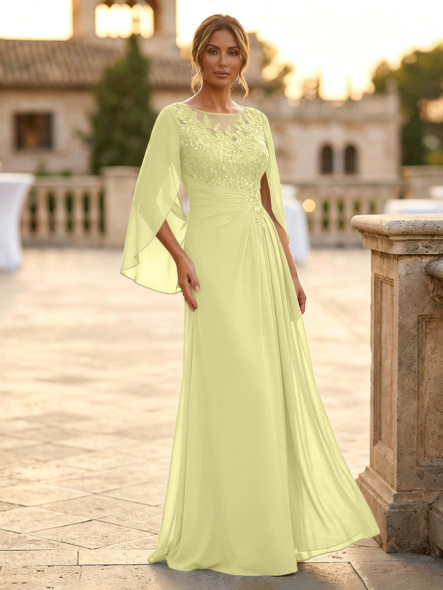 A-Line Chiffon Cape Sleeves Floor-Length Mother of the Bride & Groom Dresses with Rhinestones & Ruched Waist