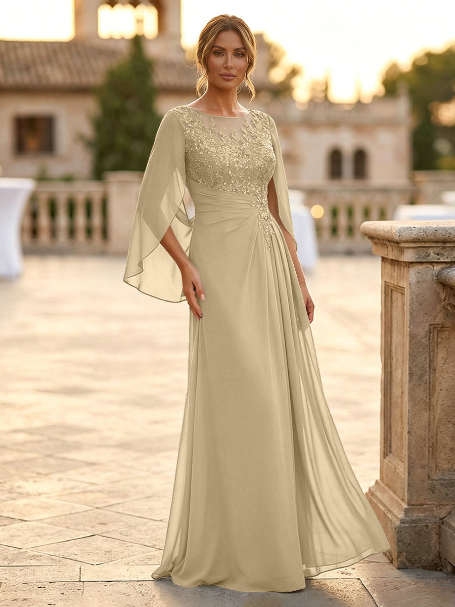 A-Line Chiffon Cape Sleeves Floor-Length Mother of the Bride & Groom Dresses with Rhinestones & Ruched Waist