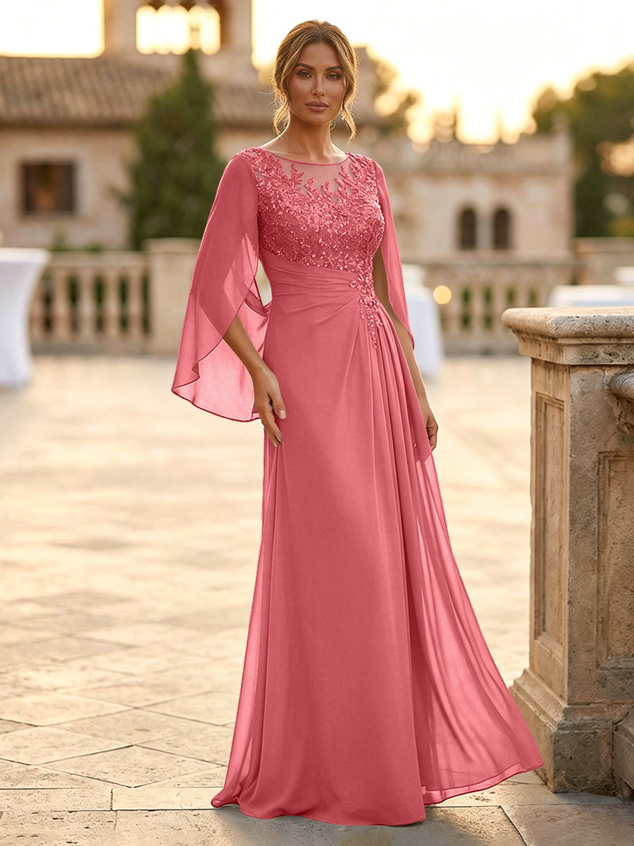 A-Line Chiffon Cape Sleeves Floor-Length Mother of the Bride & Groom Dresses with Rhinestones & Ruched Waist