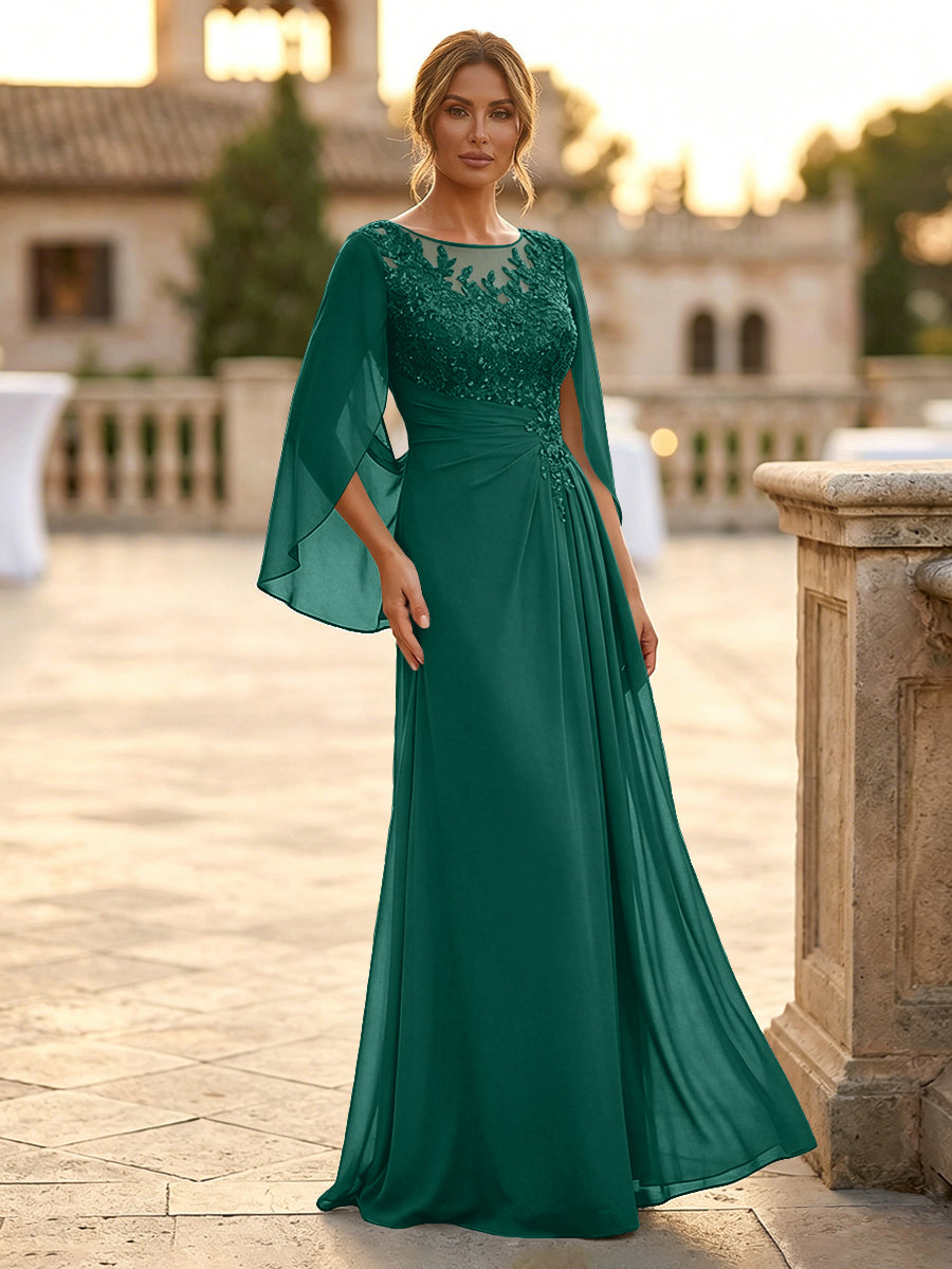 A-Line Chiffon Cape Sleeves Floor-Length Mother of the Bride & Groom Dresses with Rhinestones & Ruched Waist