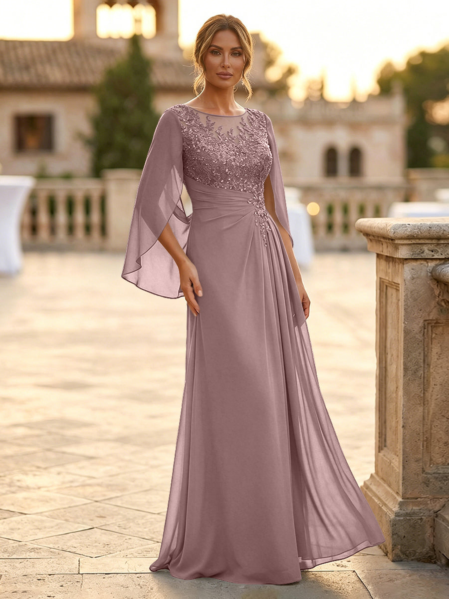 A-Line Chiffon Cape Sleeves Floor-Length Mother of the Bride & Groom Dresses with Rhinestones & Ruched Waist