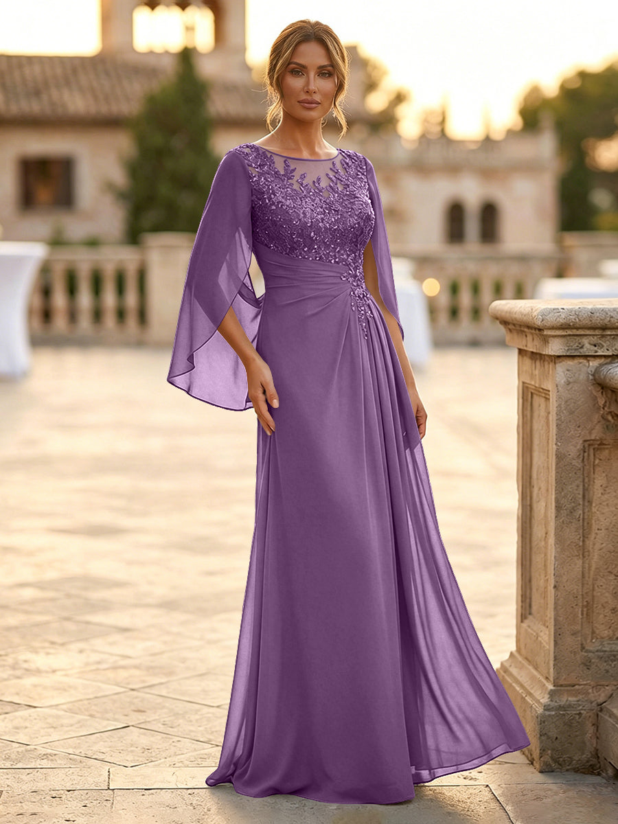 A-Line Chiffon Cape Sleeves Floor-Length Mother of the Bride & Groom Dresses with Rhinestones & Ruched Waist