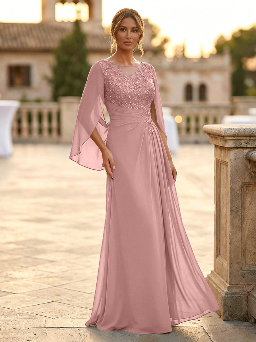 A-Line Chiffon Cape Sleeves Floor-Length Mother of the Bride & Groom Dresses with Rhinestones & Ruched Waist