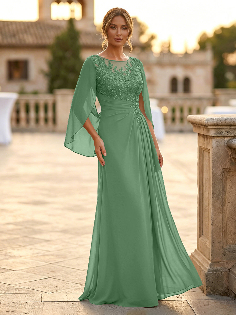 A-Line Chiffon Cape Sleeves Floor-Length Mother of the Bride & Groom Dresses with Rhinestones & Ruched Waist