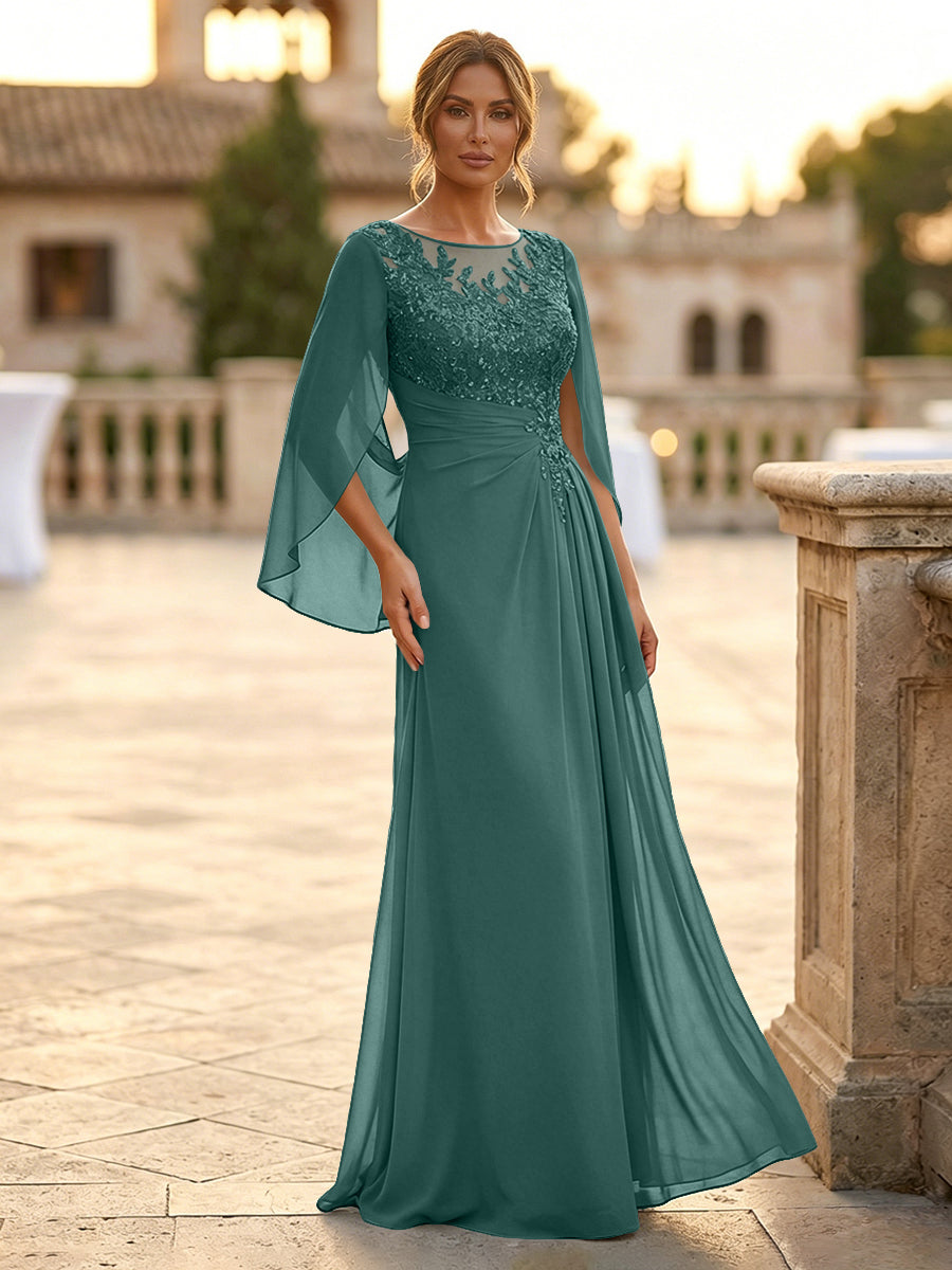 A-Line Chiffon Cape Sleeves Floor-Length Mother of the Bride & Groom Dresses with Rhinestones & Ruched Waist