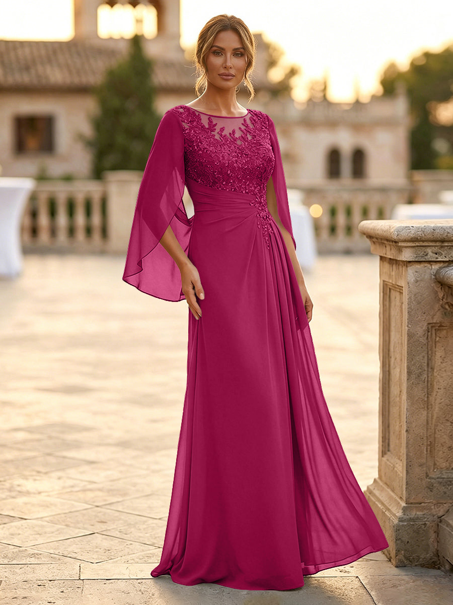 A-Line Chiffon Cape Sleeves Floor-Length Mother of the Bride & Groom Dresses with Rhinestones & Ruched Waist