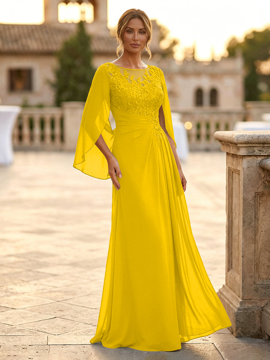 A-Line Chiffon Cape Sleeves Floor-Length Mother of the Bride & Groom Dresses with Rhinestones & Ruched Waist
