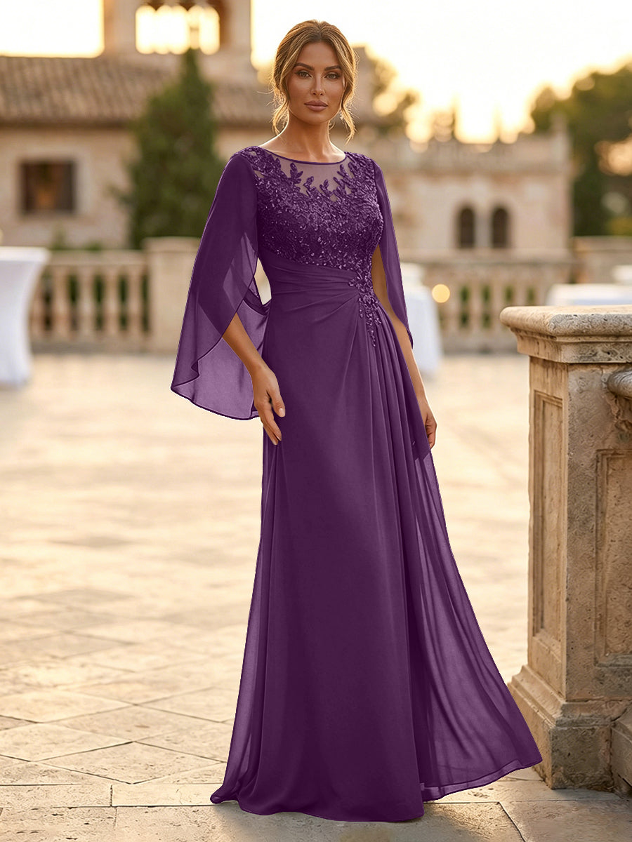 A-Line Chiffon Cape Sleeves Floor-Length Mother of the Bride & Groom Dresses with Rhinestones & Ruched Waist