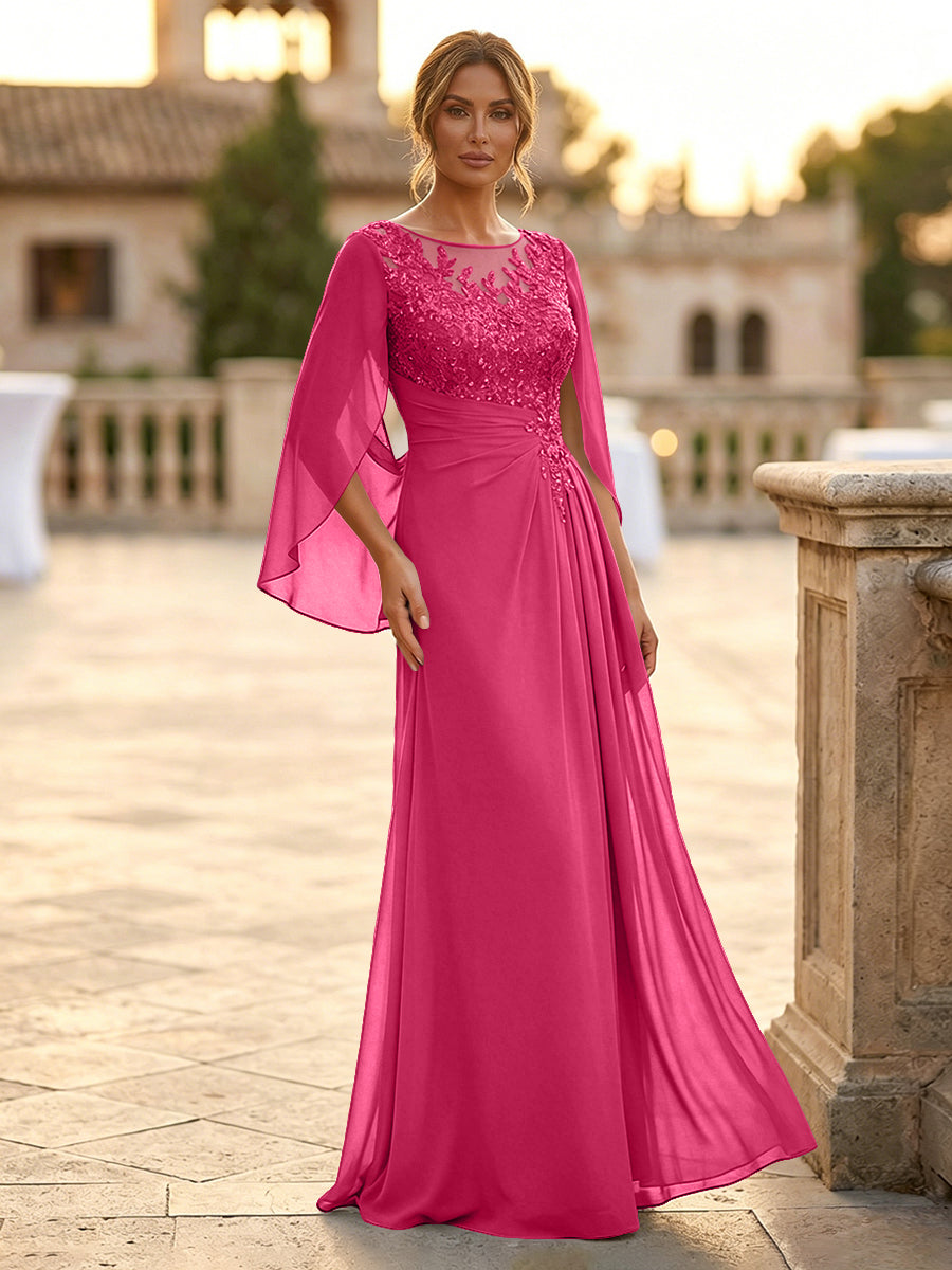 A-Line Chiffon Cape Sleeves Floor-Length Mother of the Bride & Groom Dresses with Rhinestones & Ruched Waist