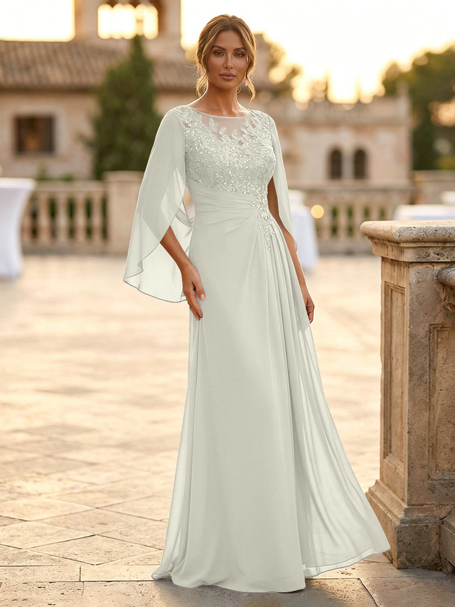 A-Line Chiffon Cape Sleeves Floor-Length Mother of the Bride & Groom Dresses with Rhinestones & Ruched Waist