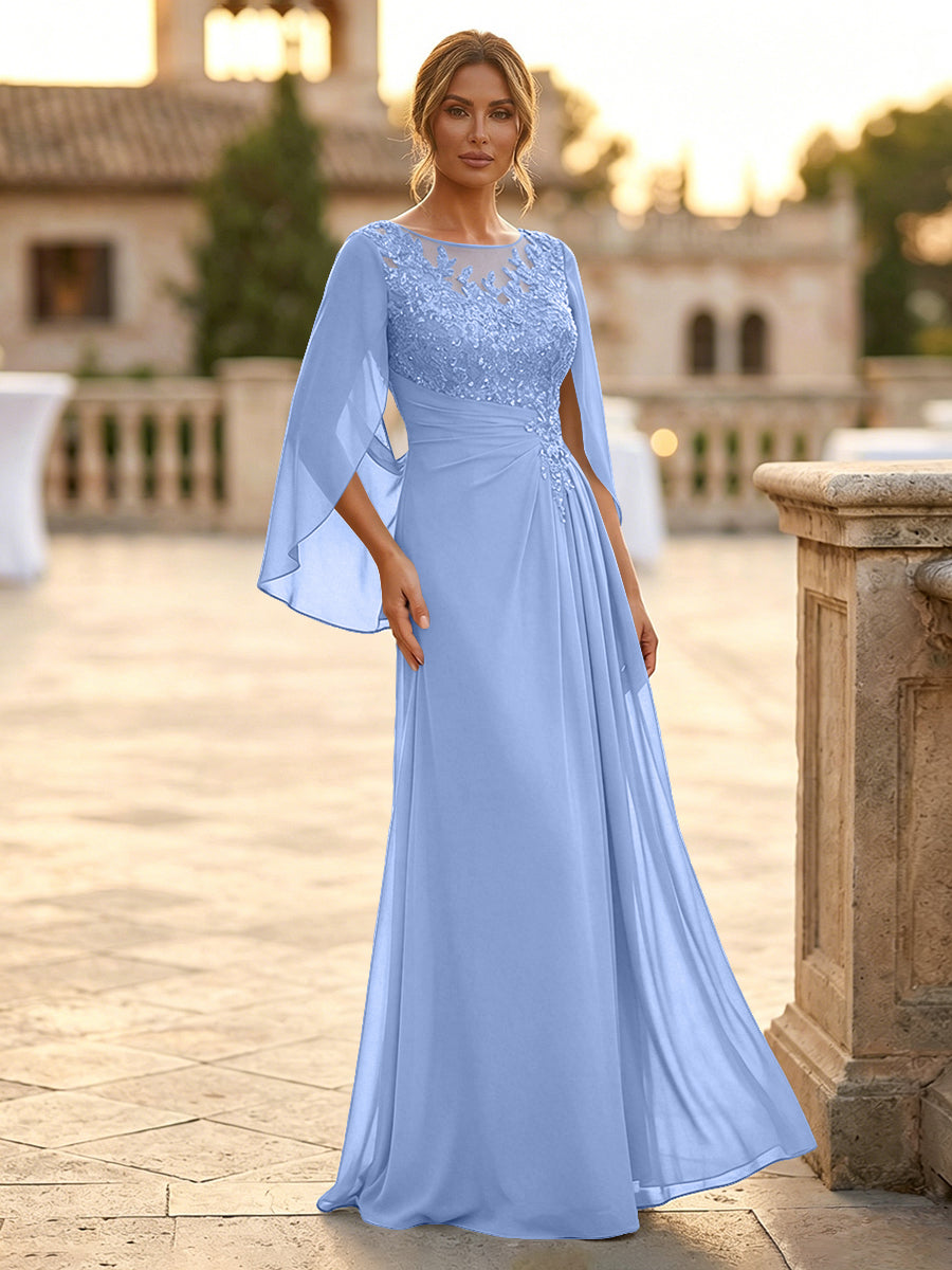 A-Line Chiffon Cape Sleeves Floor-Length Mother of the Bride & Groom Dresses with Rhinestones & Ruched Waist