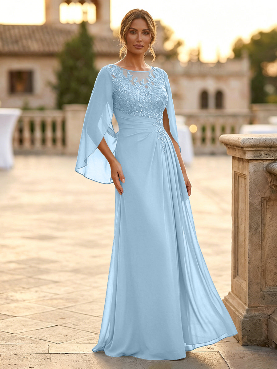 A-Line Chiffon Cape Sleeves Floor-Length Mother of the Bride & Groom Dresses with Rhinestones & Ruched Waist