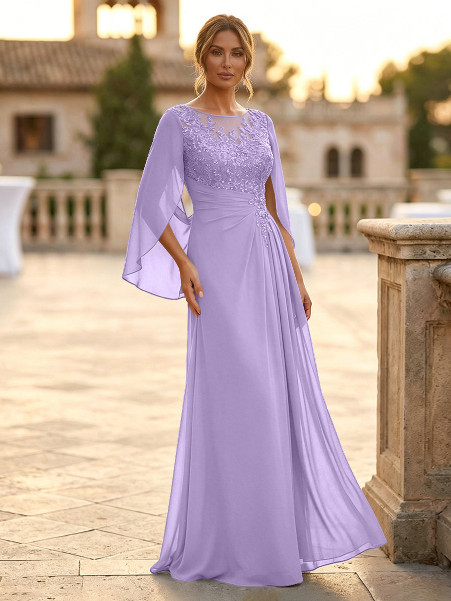 A-Line Chiffon Cape Sleeves Floor-Length Mother of the Bride & Groom Dresses with Rhinestones & Ruched Waist