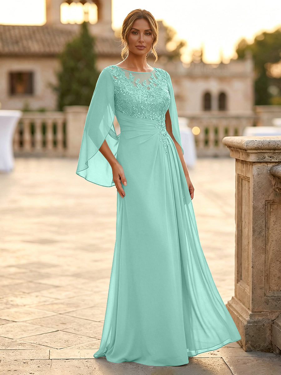 A-Line Chiffon Cape Sleeves Floor-Length Mother of the Bride & Groom Dresses with Rhinestones & Ruched Waist