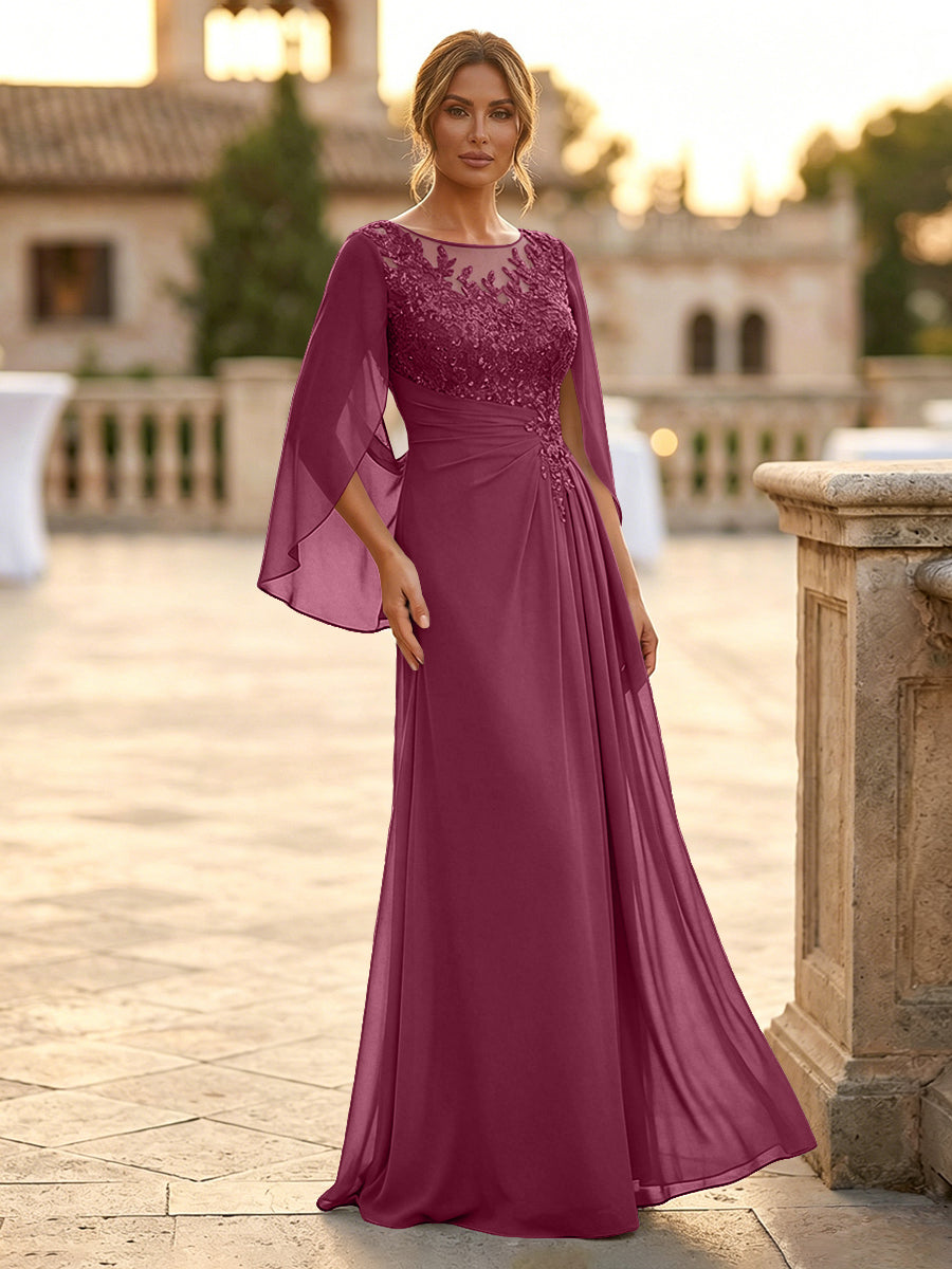 A-Line Chiffon Cape Sleeves Floor-Length Mother of the Bride & Groom Dresses with Rhinestones & Ruched Waist