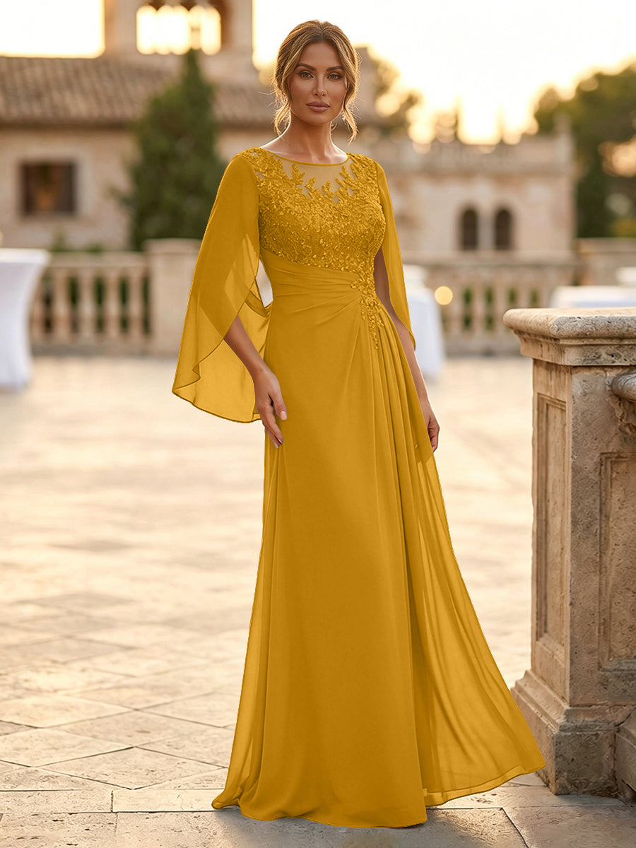 A-Line Chiffon Cape Sleeves Floor-Length Mother of the Bride & Groom Dresses with Rhinestones & Ruched Waist