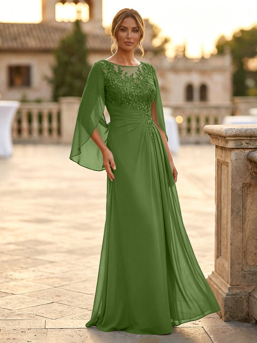 A-Line Chiffon Cape Sleeves Floor-Length Mother of the Bride & Groom Dresses with Rhinestones & Ruched Waist