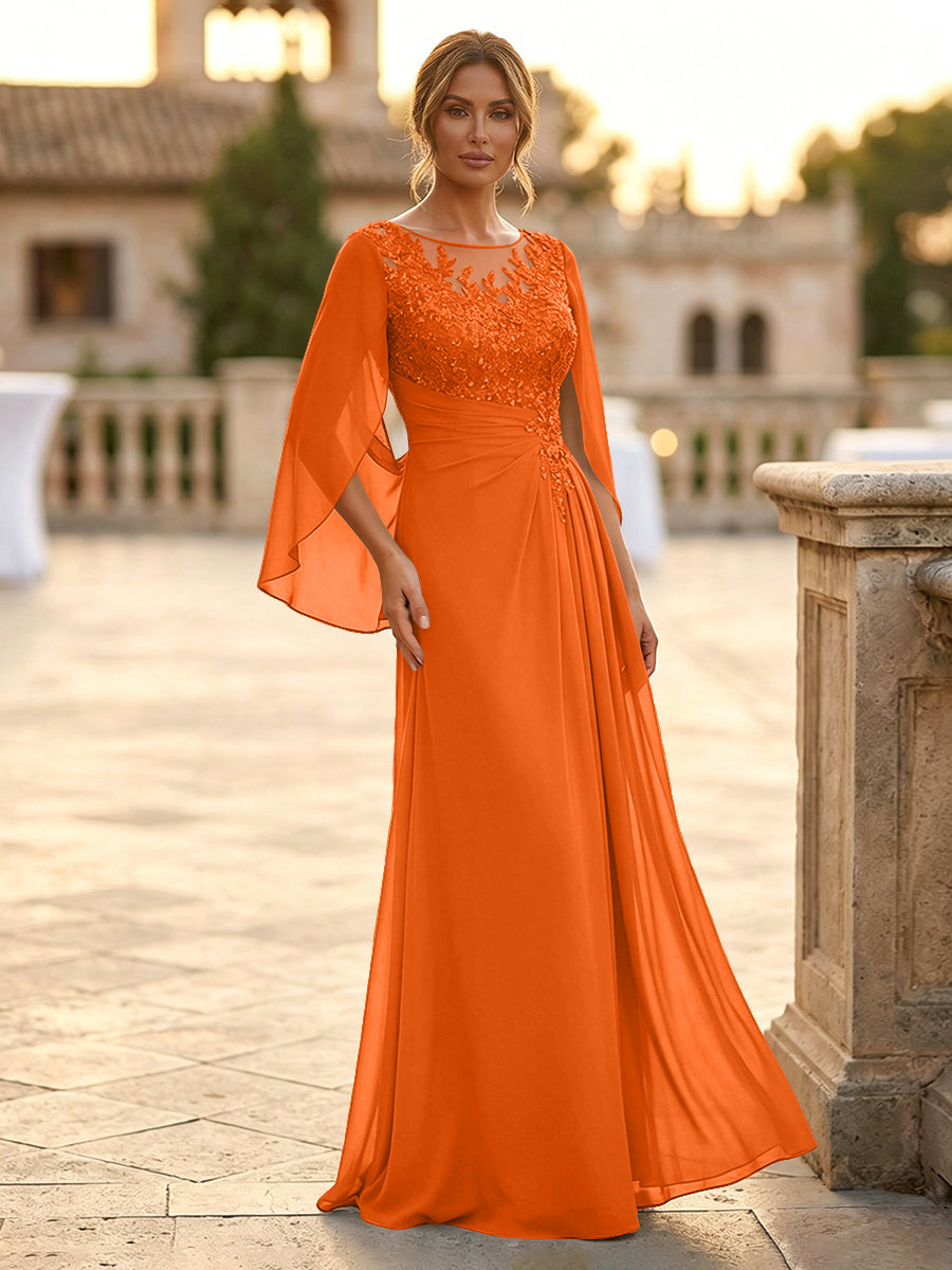A-Line Chiffon Cape Sleeves Floor-Length Mother of the Bride & Groom Dresses with Rhinestones & Ruched Waist