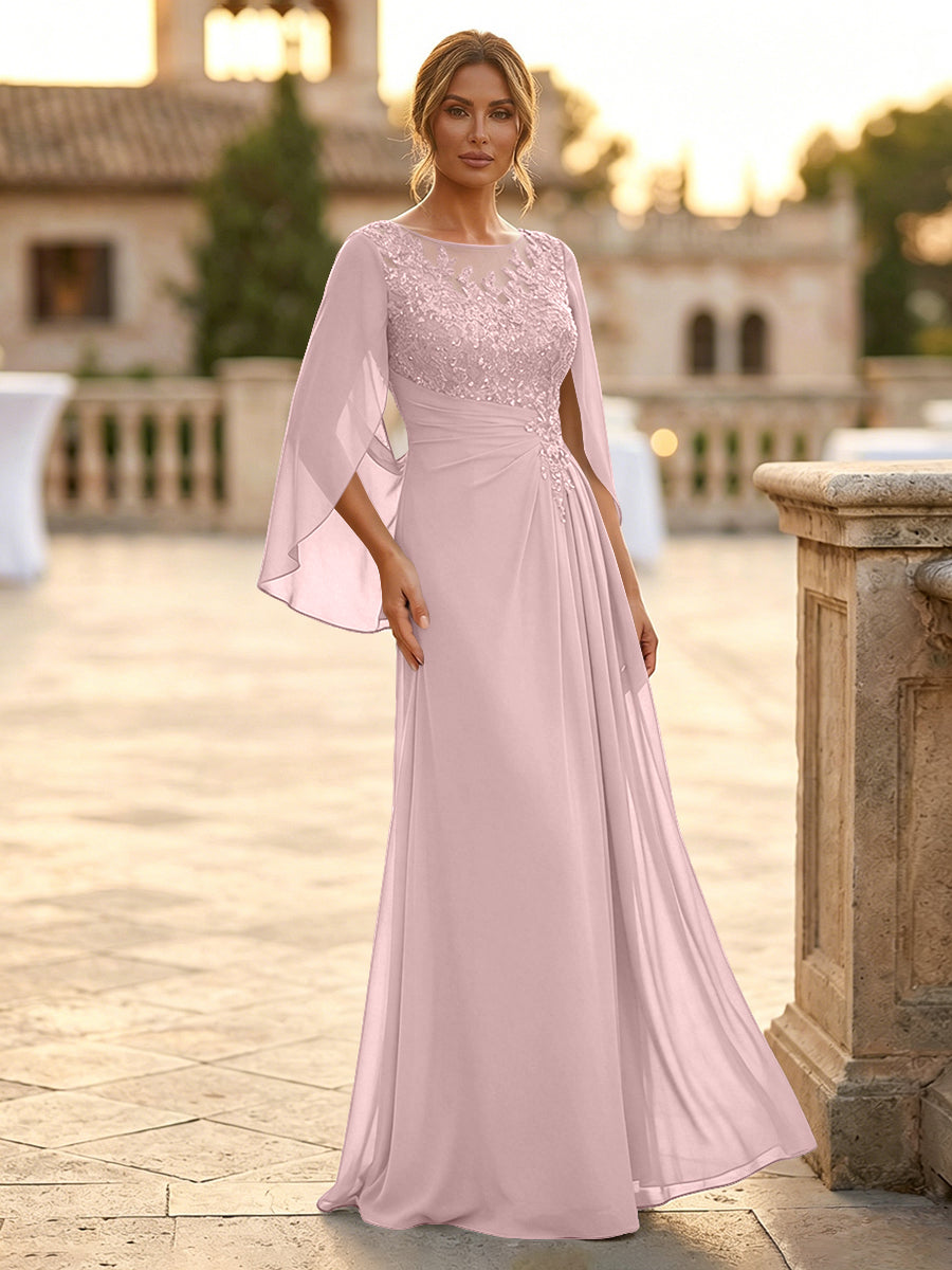 A-Line Chiffon Cape Sleeves Floor-Length Mother of the Bride & Groom Dresses with Rhinestones & Ruched Waist