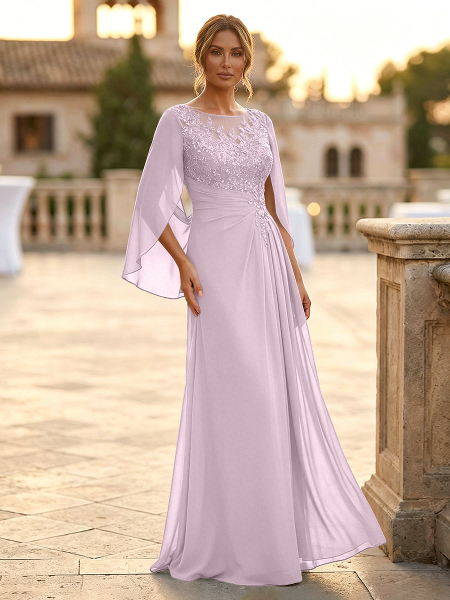 A-Line Chiffon Cape Sleeves Floor-Length Mother of the Bride & Groom Dresses with Rhinestones & Ruched Waist
