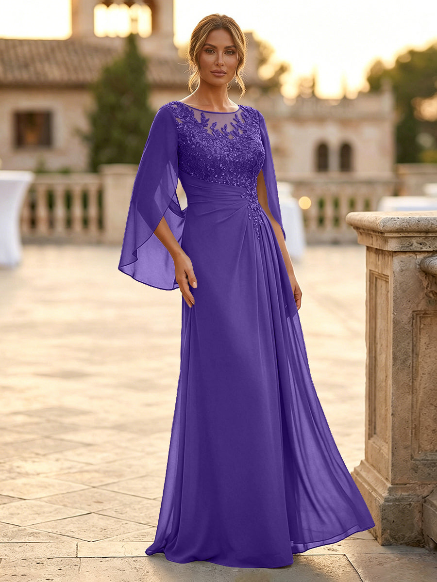 A-Line Chiffon Cape Sleeves Floor-Length Mother of the Bride & Groom Dresses with Rhinestones & Ruched Waist