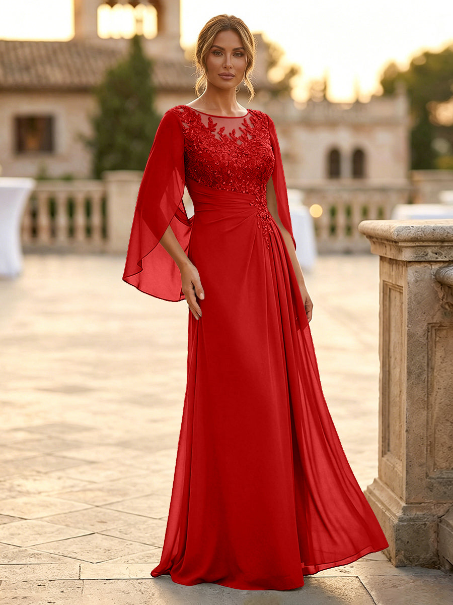 A-Line Chiffon Cape Sleeves Floor-Length Mother of the Bride & Groom Dresses with Rhinestones & Ruched Waist