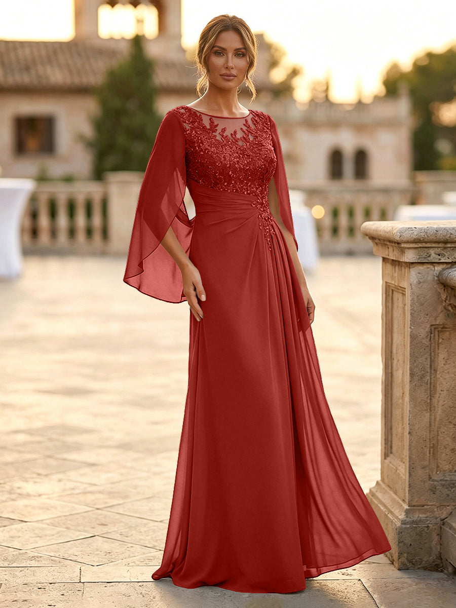 A-Line Chiffon Cape Sleeves Floor-Length Mother of the Bride & Groom Dresses with Rhinestones & Ruched Waist