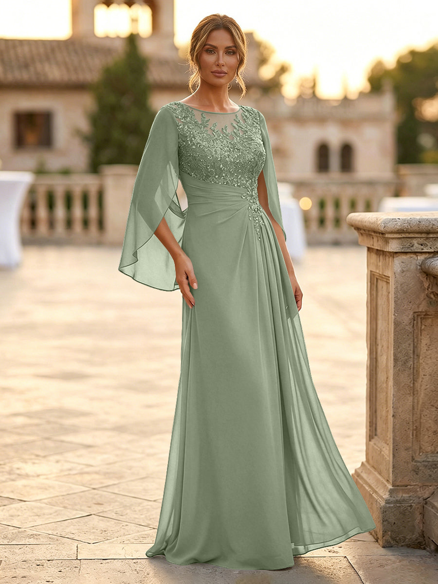 A-Line Chiffon Cape Sleeves Floor-Length Mother of the Bride & Groom Dresses with Rhinestones & Ruched Waist