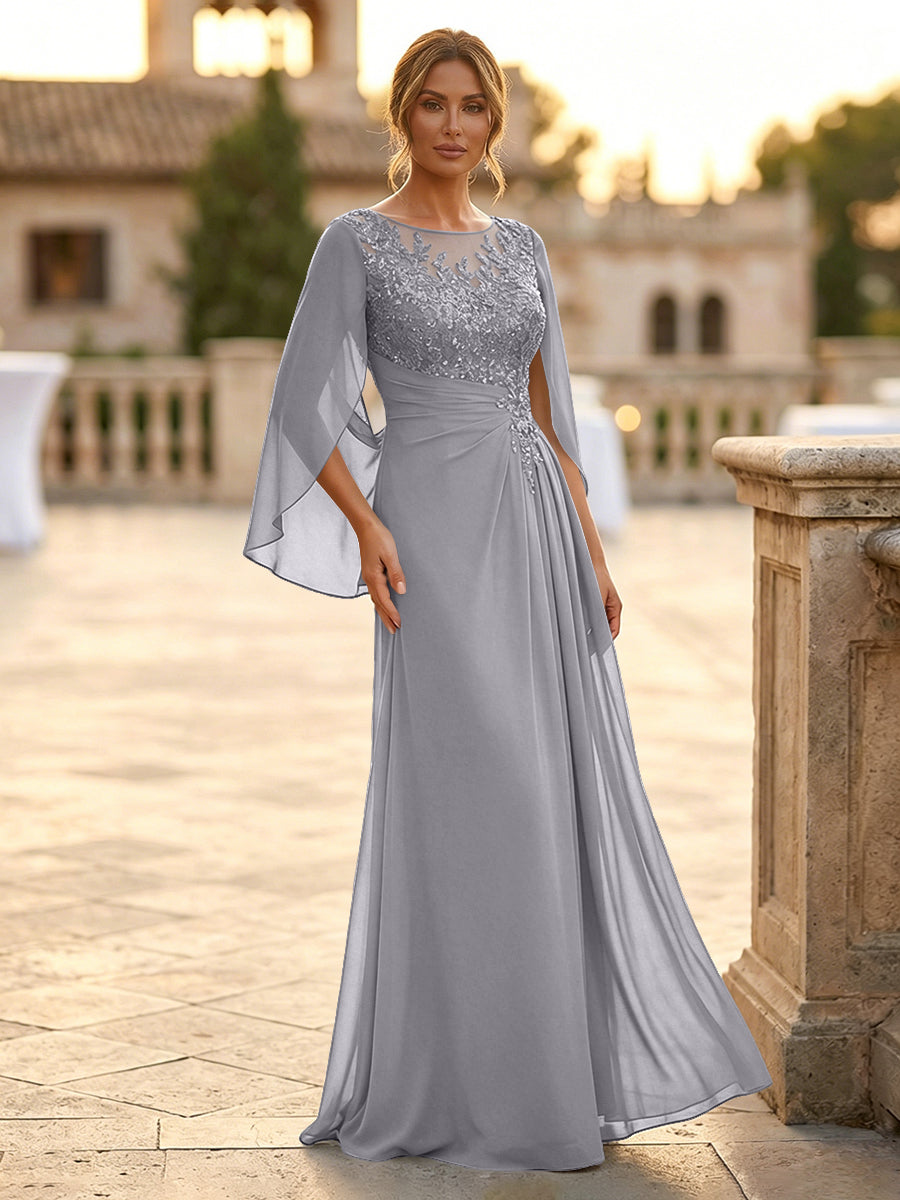 A-Line Chiffon Cape Sleeves Floor-Length Mother of the Bride & Groom Dresses with Rhinestones & Ruched Waist