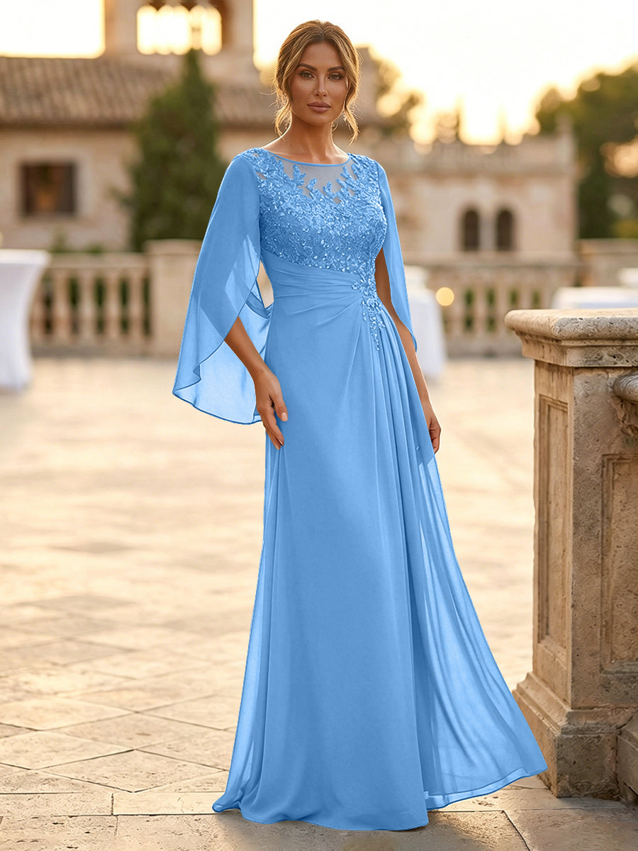 A-Line Chiffon Cape Sleeves Floor-Length Mother of the Bride & Groom Dresses with Rhinestones & Ruched Waist