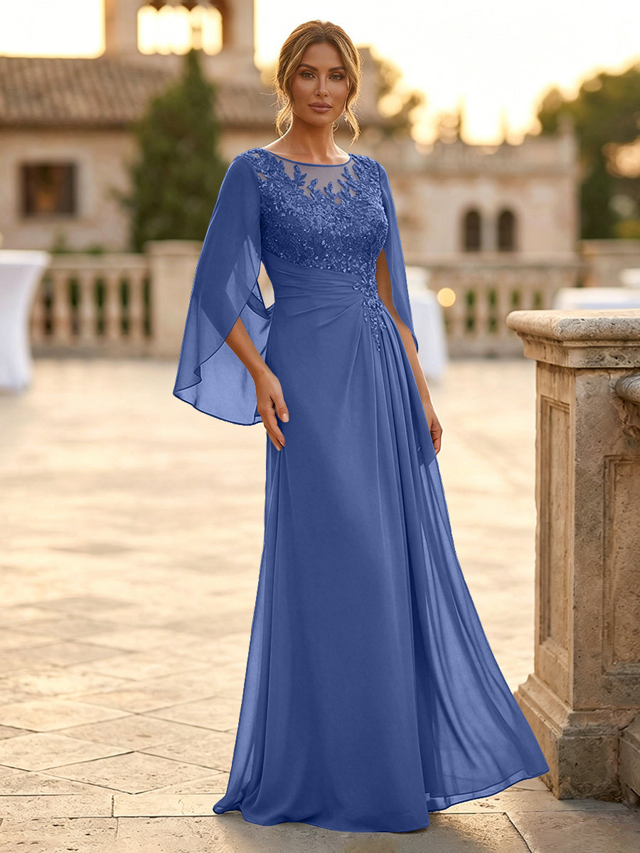 A-Line Chiffon Cape Sleeves Floor-Length Mother of the Bride & Groom Dresses with Rhinestones & Ruched Waist