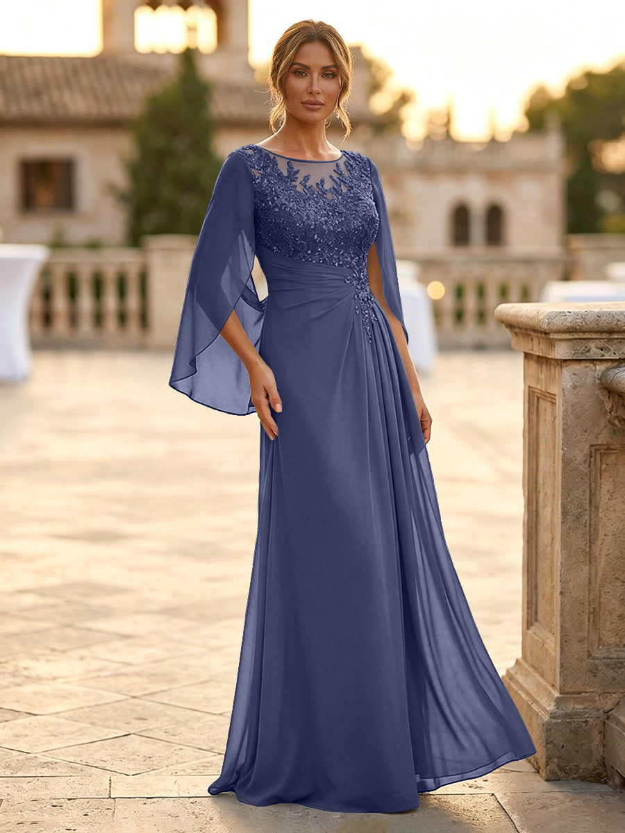 A-Line Chiffon Cape Sleeves Floor-Length Mother of the Bride & Groom Dresses with Rhinestones & Ruched Waist