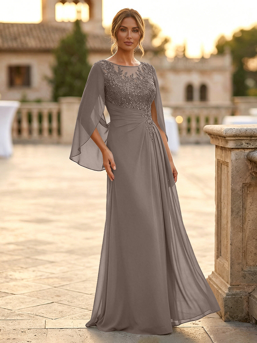 A-Line Chiffon Cape Sleeves Floor-Length Mother of the Bride & Groom Dresses with Rhinestones & Ruched Waist