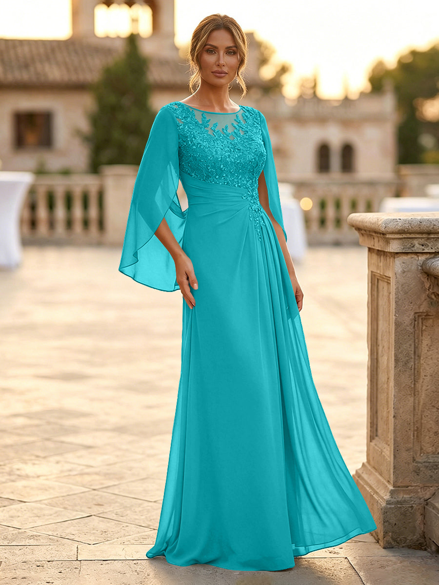 A-Line Chiffon Cape Sleeves Floor-Length Mother of the Bride & Groom Dresses with Rhinestones & Ruched Waist