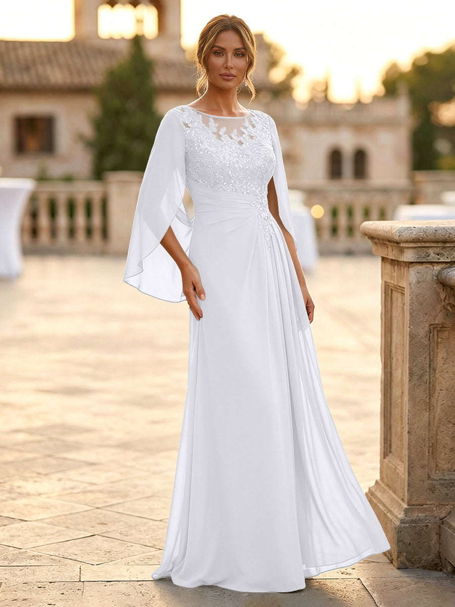 A-Line Chiffon Cape Sleeves Floor-Length Mother of the Bride & Groom Dresses with Rhinestones & Ruched Waist