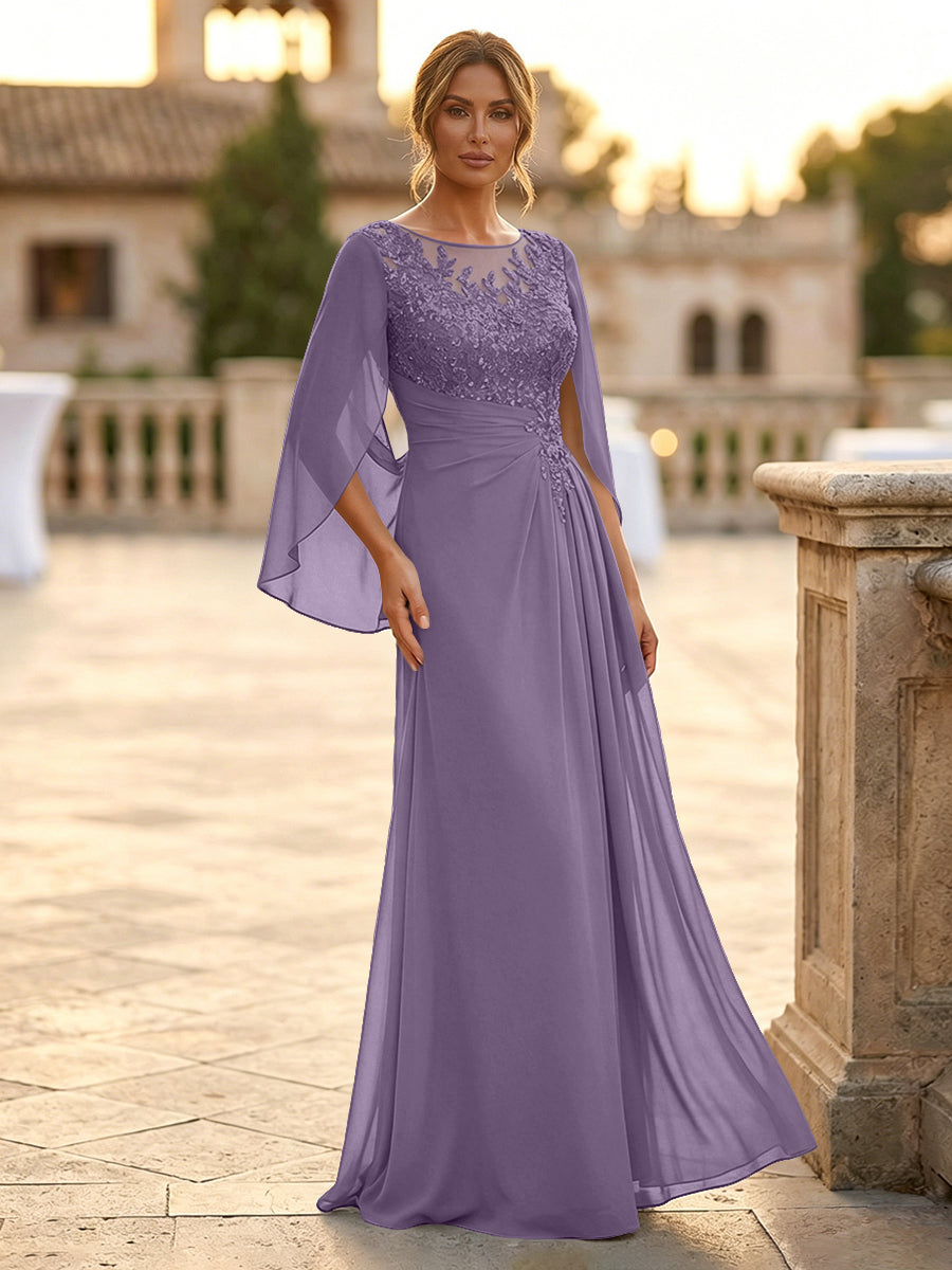 A-Line Chiffon Cape Sleeves Floor-Length Mother of the Bride & Groom Dresses with Rhinestones & Ruched Waist