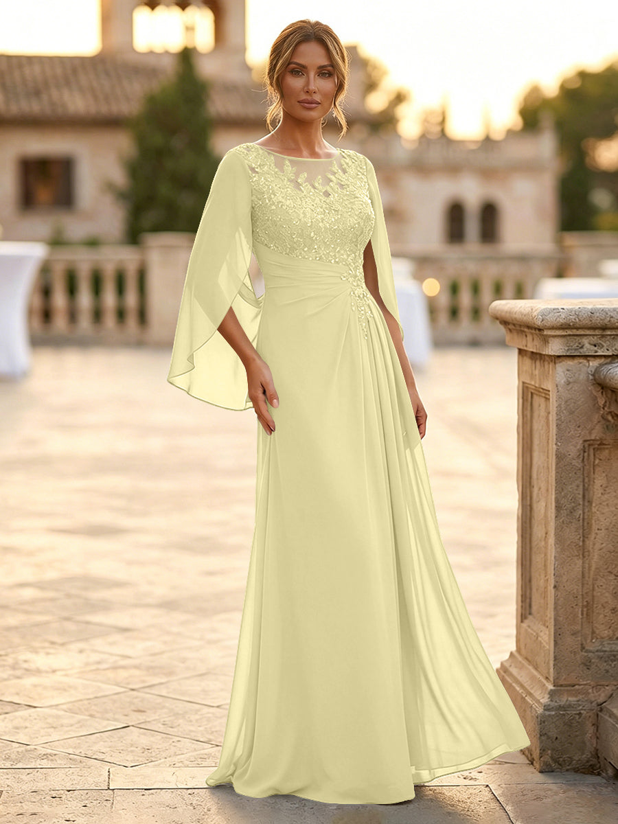 A-Line Chiffon Cape Sleeves Floor-Length Mother of the Bride & Groom Dresses with Rhinestones & Ruched Waist