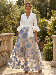 A-Line Floral Embroidered Jacquard Mother of the Bride & Groom Dresses with 3/4 Ruffle Bell Sleeves