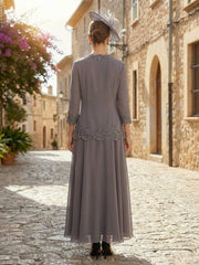 2-Piece A-Line Chiffon 3/4 Sleeves Mother of the Bride & Groom Dresses with Scalloped V-Neck Lace Bodice