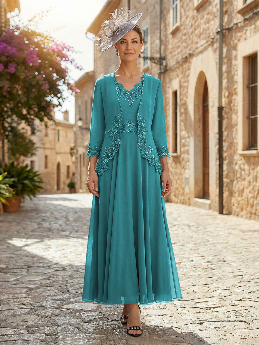 2-Piece A-Line Chiffon 3/4 Sleeves Mother of the Bride & Groom Dresses with Scalloped V-Neck Lace Bodice